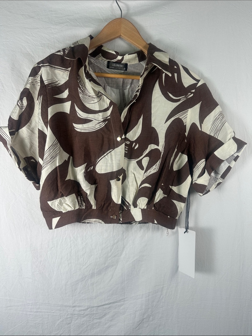 Lulumari Brown & Cream Abstract Cropped Button-Up Top